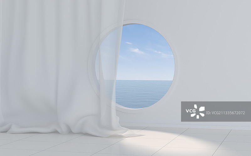有圆形窗户的白色空房间 3D渲染图片素材