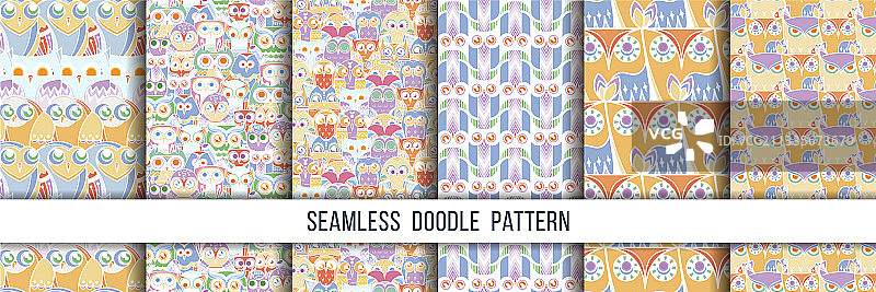 可爱涂鸦猫头鹰无缝图案套装图片素材