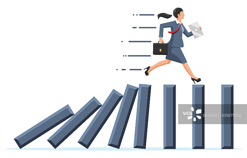 女商人躲避倒塌的多米诺骨牌图片素材