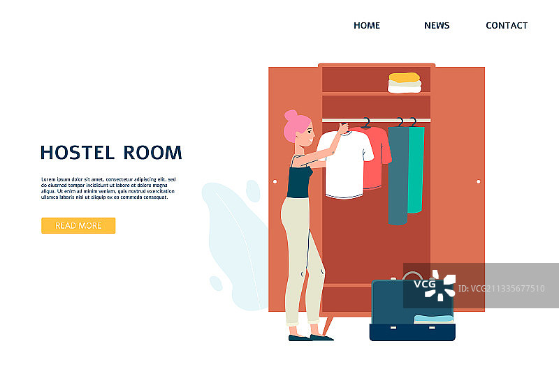 带有女孩的旅馆房间着陆页模板图片素材