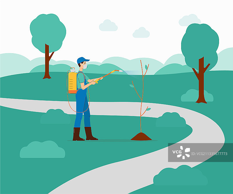 农民或园丁给植物喷洒农药图片素材