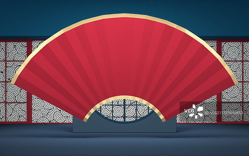 中国风折扇扇面 3D渲染图片素材