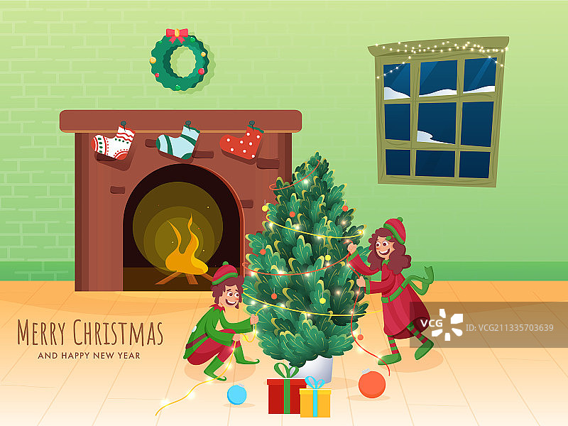 快乐的男孩和女孩装饰圣诞树图片素材