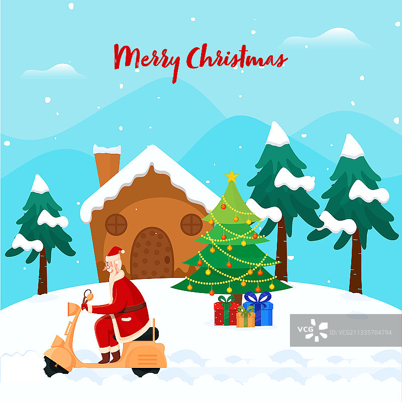 骑着滑板车的快乐圣诞老人与圣诞节图片素材