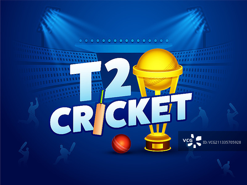 板球比赛文字与球棒、球和金色奖杯图片素材