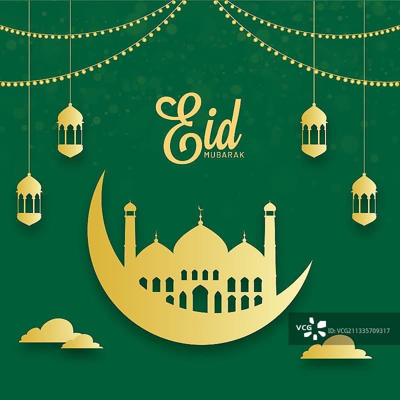 新月、清真寺与悬挂的灯笼图片素材