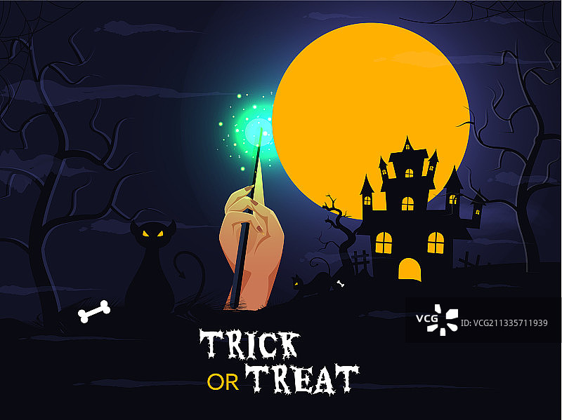 女巫手持魔杖和卡通猫图片素材