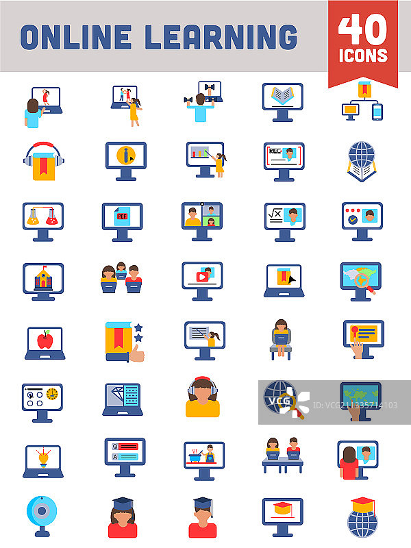 扁平风格的彩色在线学习图标集图片素材