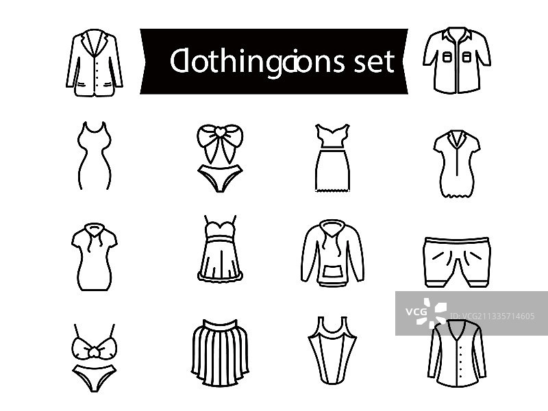 白色背景上的黑色线条艺术服装图标集图片素材