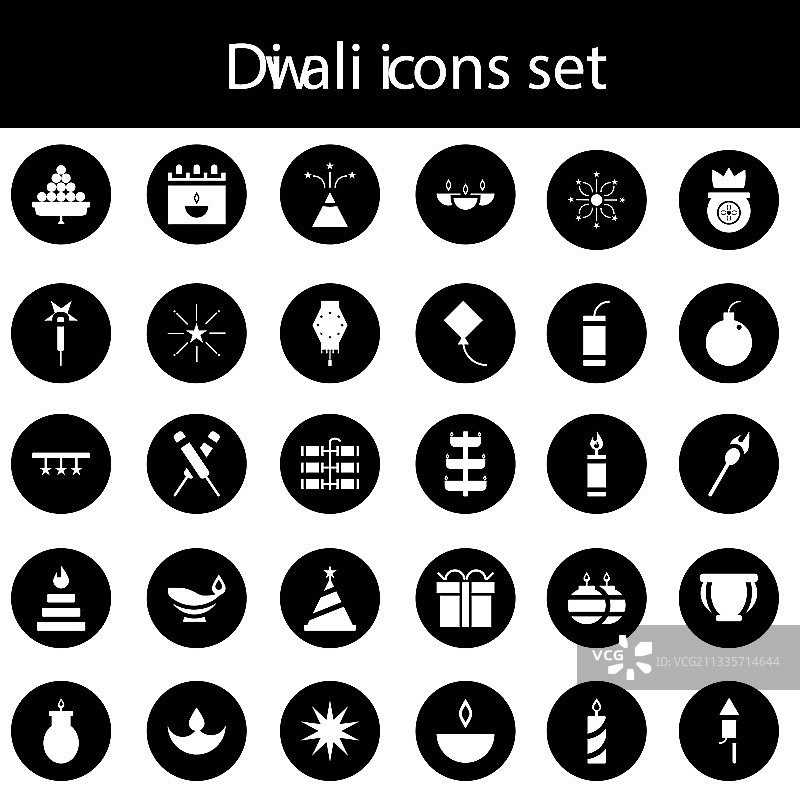 黑色圆形背景上的排灯节图标字形集图片素材