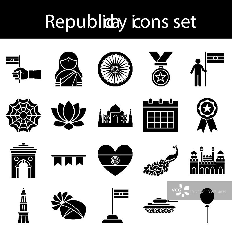 黑白共和国日图标扁平风格合集图片素材