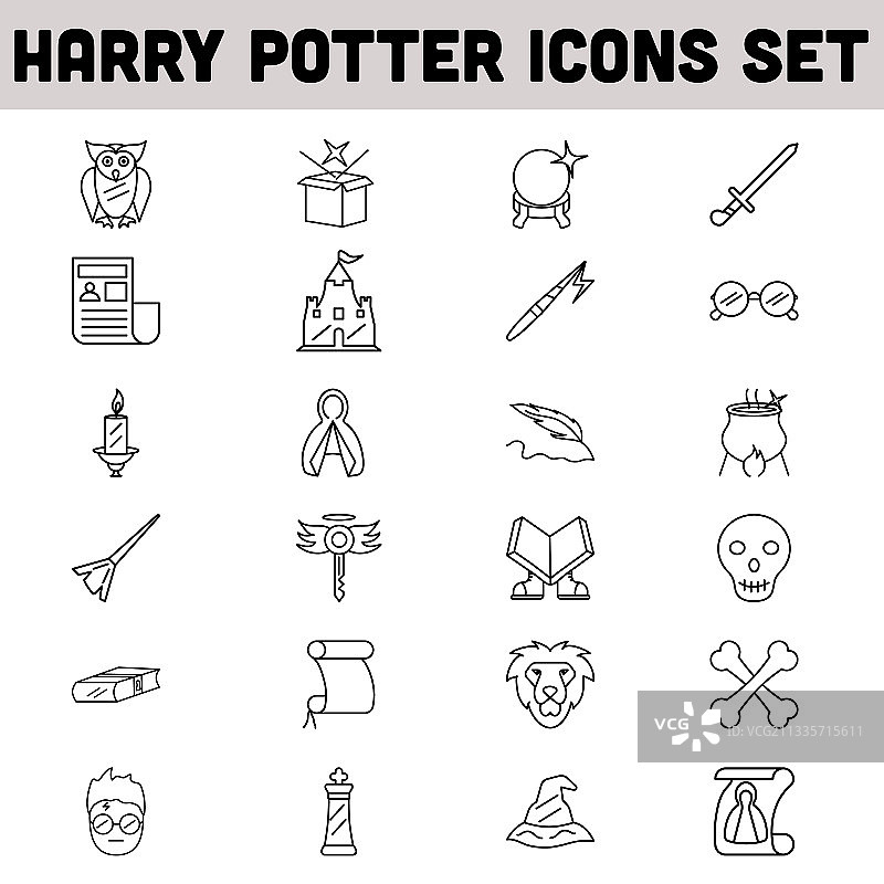 哈利·波特黑色线条图标合集图片素材