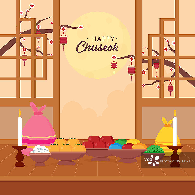 满月背景下的打开的门与美食图片素材