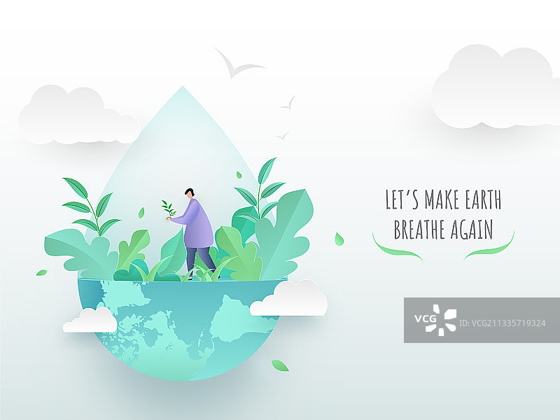 在光滑的生态半面上工作的卡通园艺工人图片素材