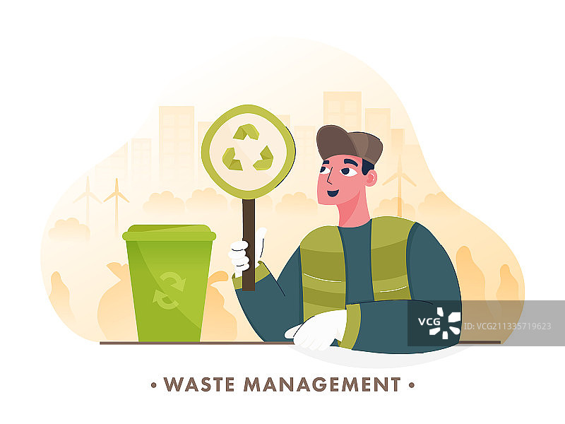 卡通男人在绿色城市研究回收箱图片素材