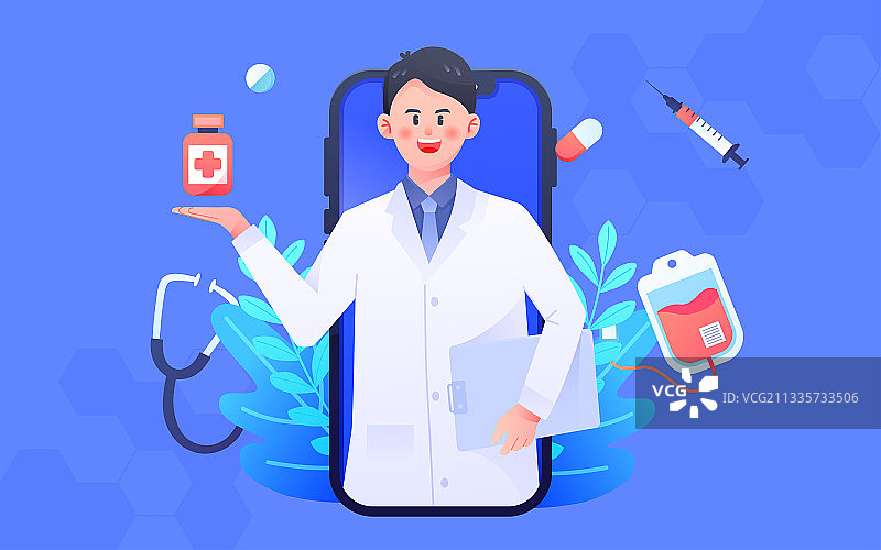 医生在线诊断病情手机互联网医疗矢量插画图片素材