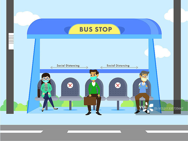 人们戴着口罩在公交车站等车图片素材
