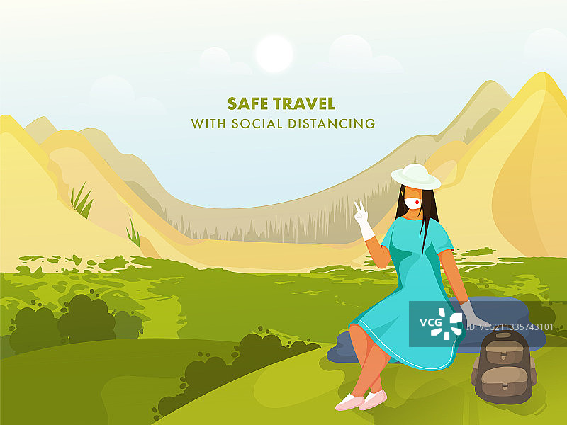 卡通少女游客展示两根手指图片素材