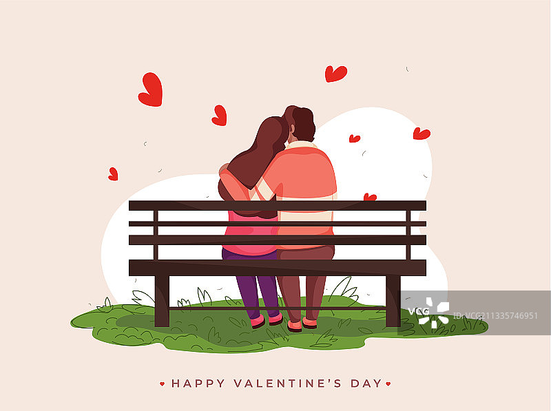 年轻情侣坐在长椅上拥抱的背影图片素材