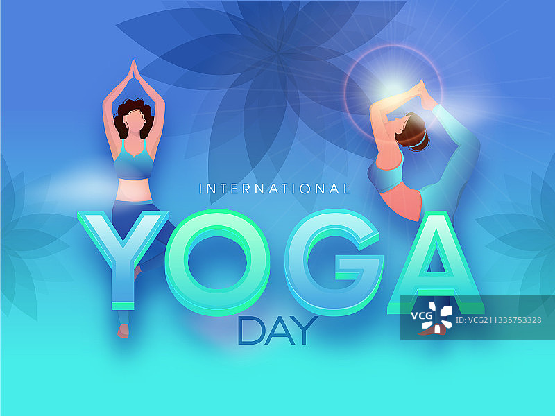 在渐变背景上做瑜伽的卡通年轻女性图片素材