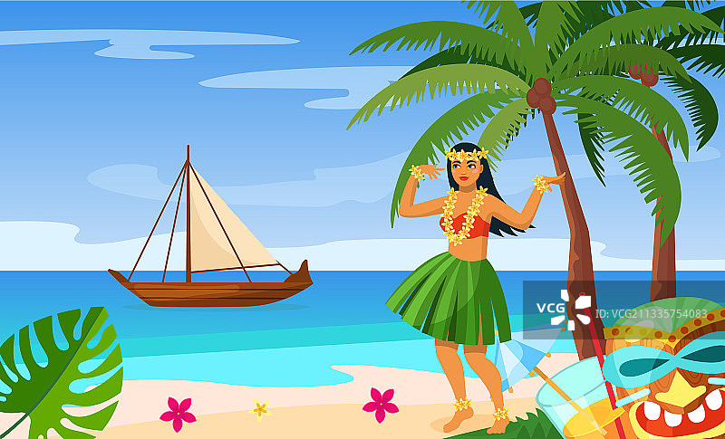 夏威夷派对：身着传统服饰的夏威夷女孩图片素材