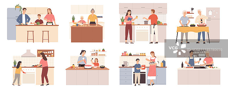 家人在家一起烹饪图片素材