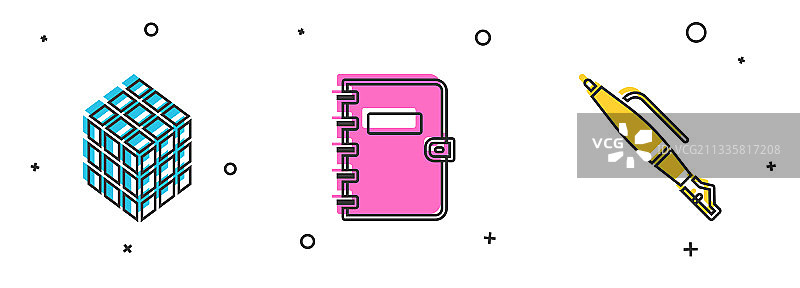 魔方、螺旋笔记本和钢笔素材图片素材