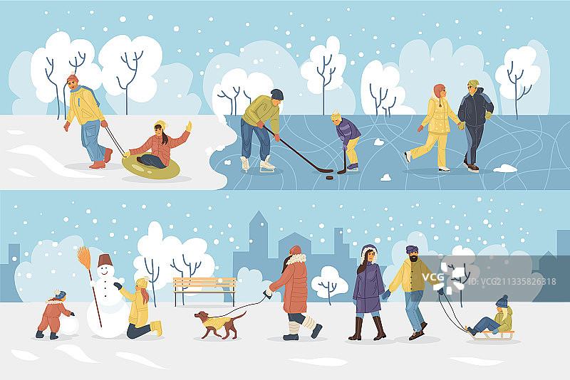 冬季公园里幸福的一家人图片素材