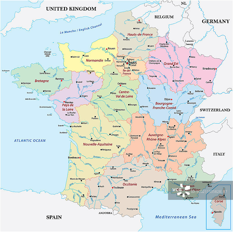 法国地图，包含地区城市和河流图片素材