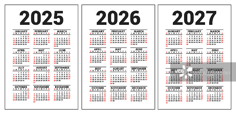 2025、2026和2027年英文日历套装图片素材
