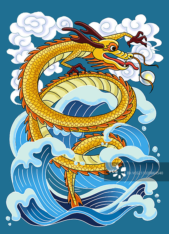 国潮插画飞龙冲出海面腾空而起图片素材