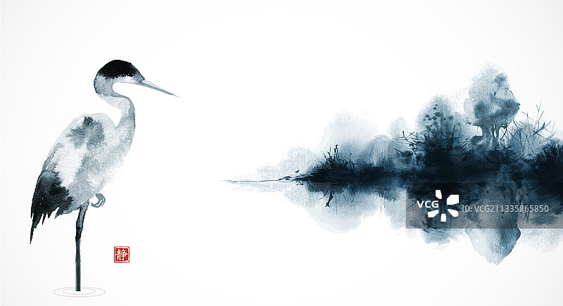 水墨画苍鹭薄雾岛屿图片素材