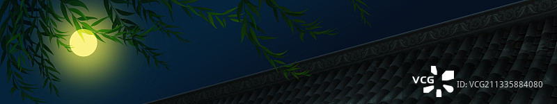 月亮下的屋顶和树枝图片素材