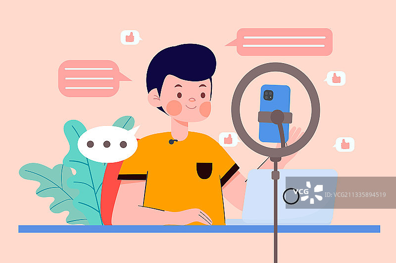 正在手机直播的男孩矢量插画图片素材