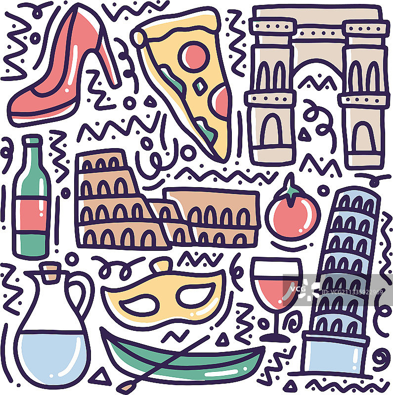 手绘意大利假日涂鸦套装图片素材