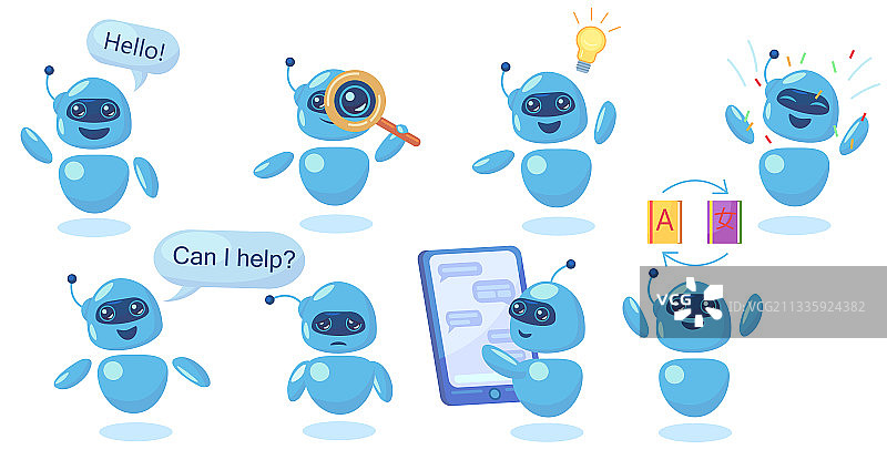 不同姿势的现代可爱聊天机器人图片素材