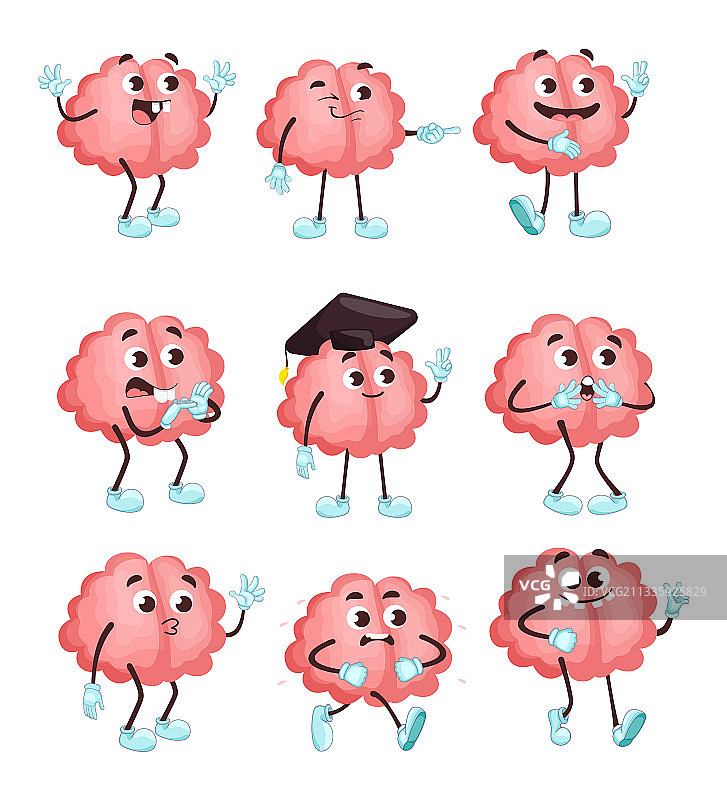不同姿势的可爱大脑扁平化设计图片素材