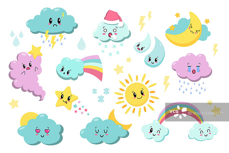 可爱卡哇伊天气图标，云、雨、太阳图片素材