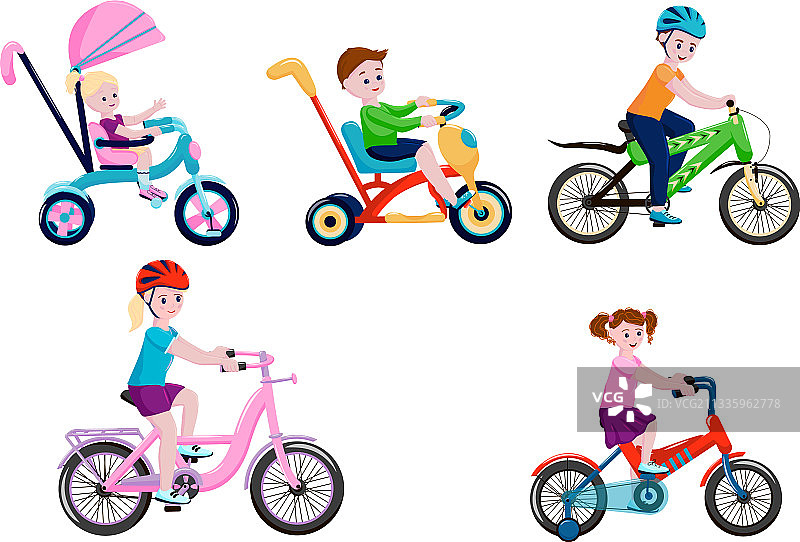 在白色背景上骑自行车的快乐孩子们图片素材