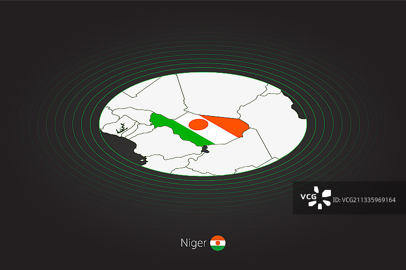深色椭圆形地图中带有邻国的尼日尔地图图片素材