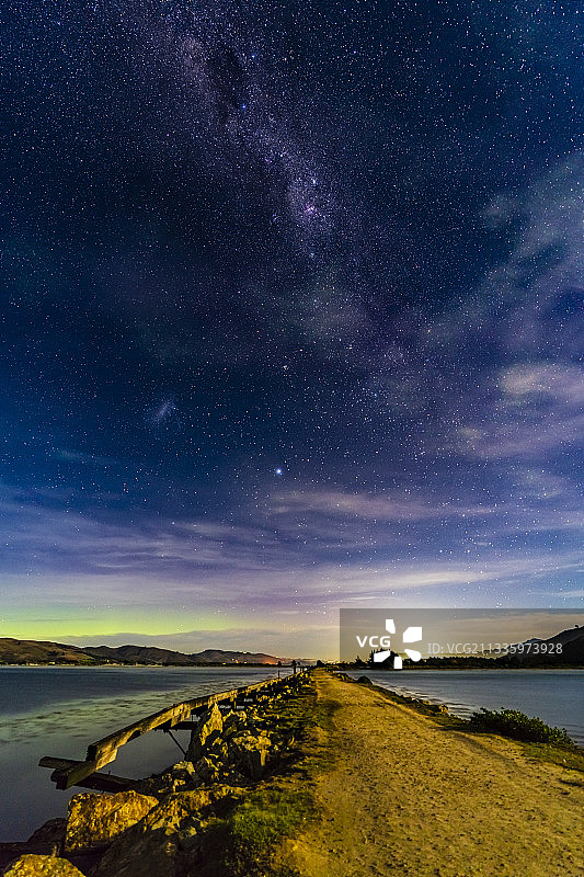新西兰达尼丁Aramoana Beach栈道极光图片素材