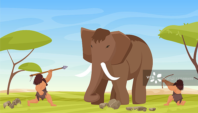 原始穴居人狩猎古代长毛象图片素材