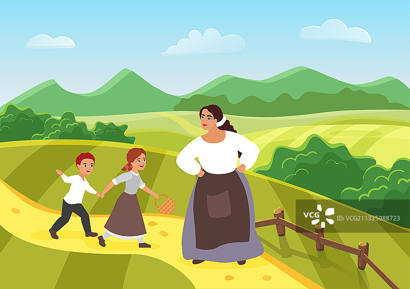 快乐的农妇母亲和孩子们图片素材