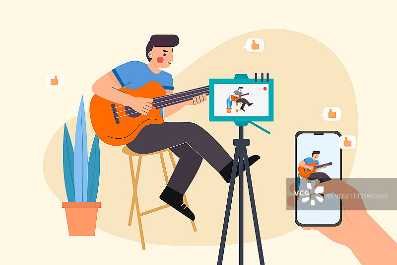 直播进行才艺表演矢量插画图片素材