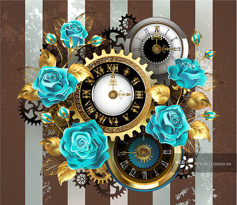 时钟和蓝绿色玫瑰条纹背景图片素材