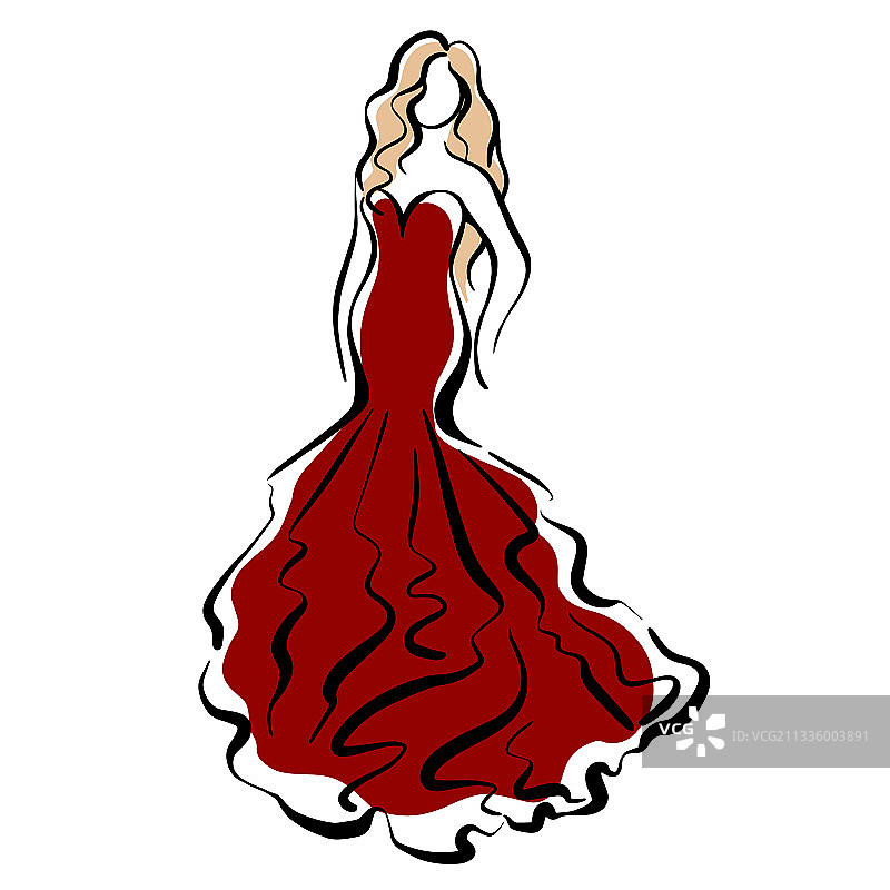 红色连衣裙女孩时装速写图片素材