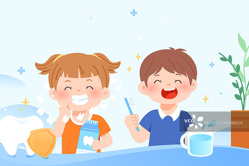 卡通口腔牙科牙齿健康洁牙预防洗牙刷牙儿童教育医疗健康矢量插画图片素材