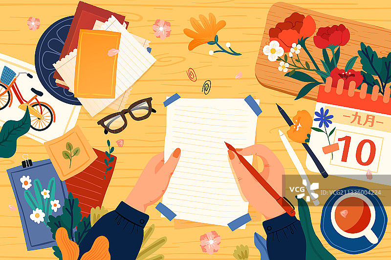 卡通教师节学生学习读书教育桌面顶视图写作写信书签情感矢量插画图片素材