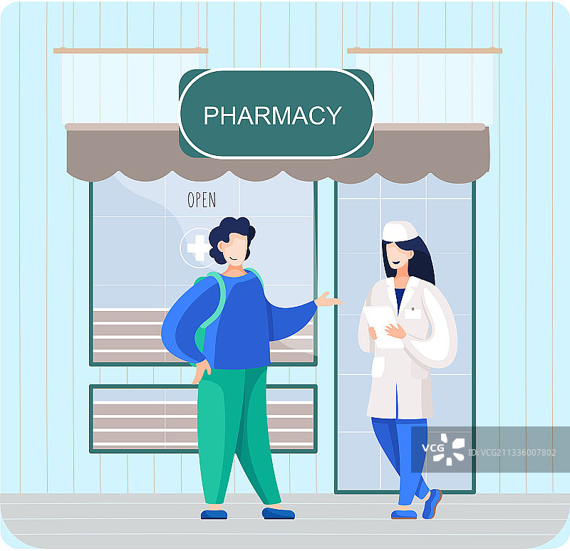 城市街景中的药房外观与药品促销banner图片素材