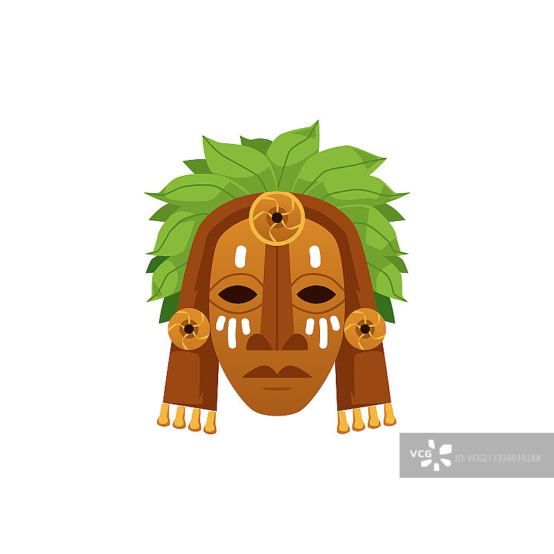 古代玛雅或阿兹特克仪式木制面具（扁平风格）图片素材